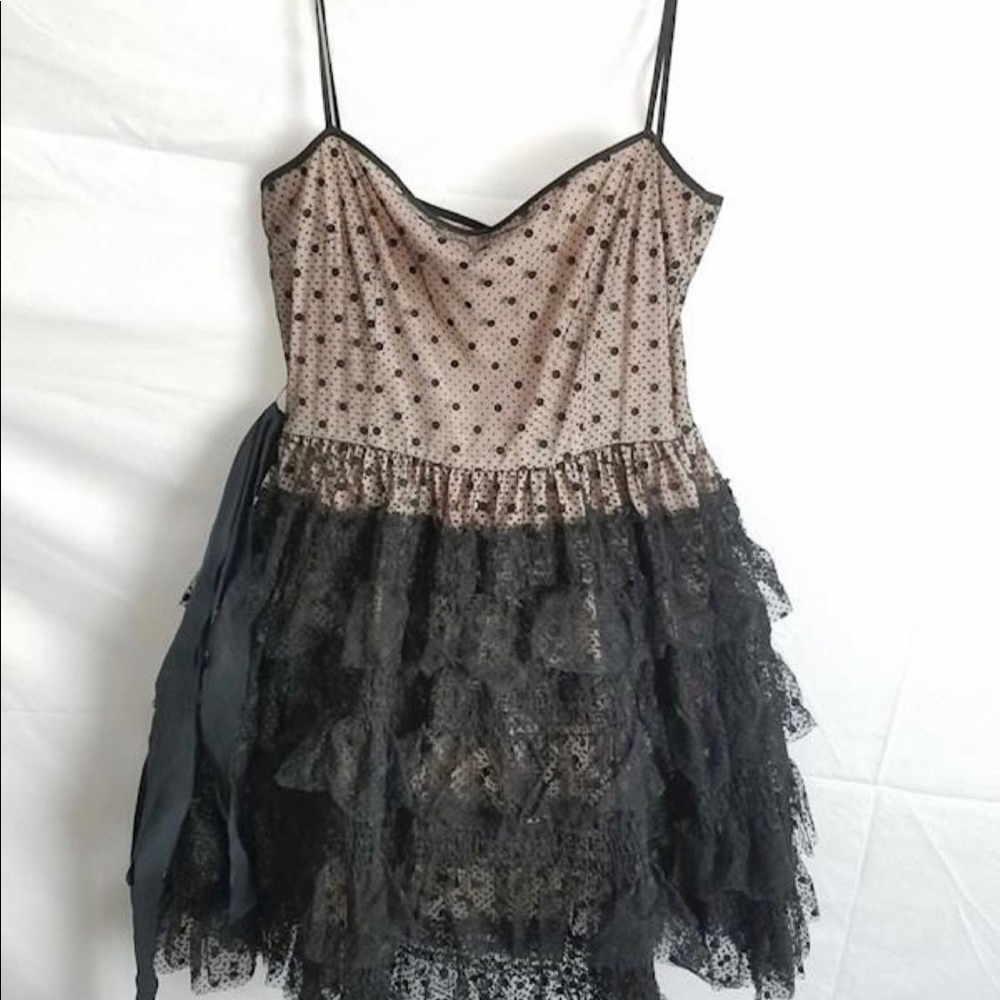 NWOT RED Valentino Black beige polka dot tiered lace short dress size 48